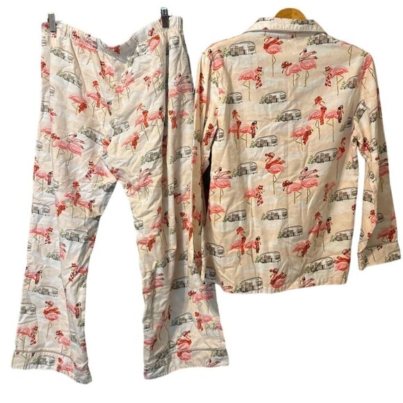 Nick & Nora Pink Flamingo Airstream Flannel Pajamas Top MED Pants LARGE READ!! - Picture 2 of 13